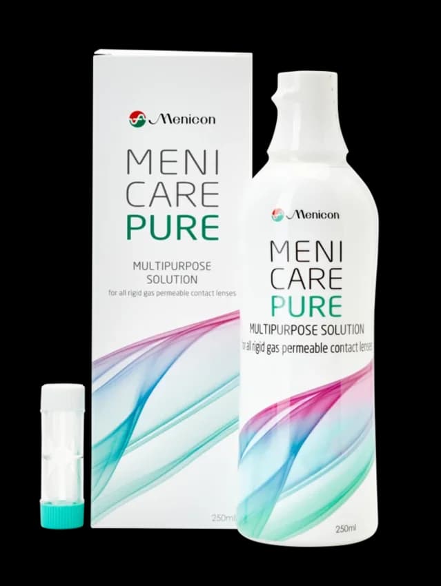 Menicon MeniCare Pure RGP lens care bottle and carton