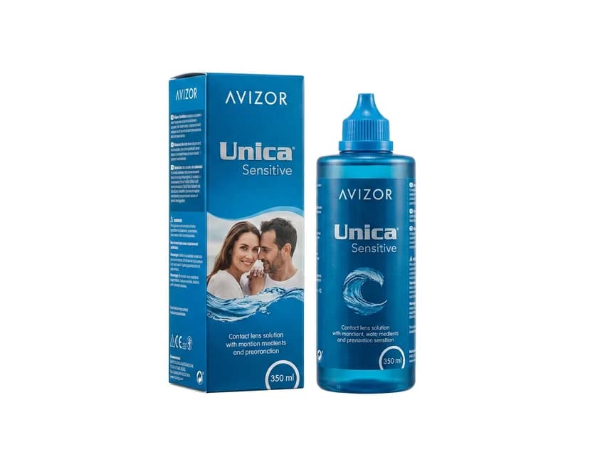 Avizor Unica Sensitive 350 ml contact lens solution bottle and carton