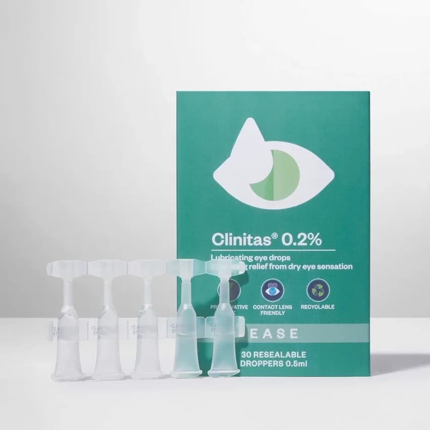 Clinitas 0.2% Ease multi-dose eye drops bottle and carton