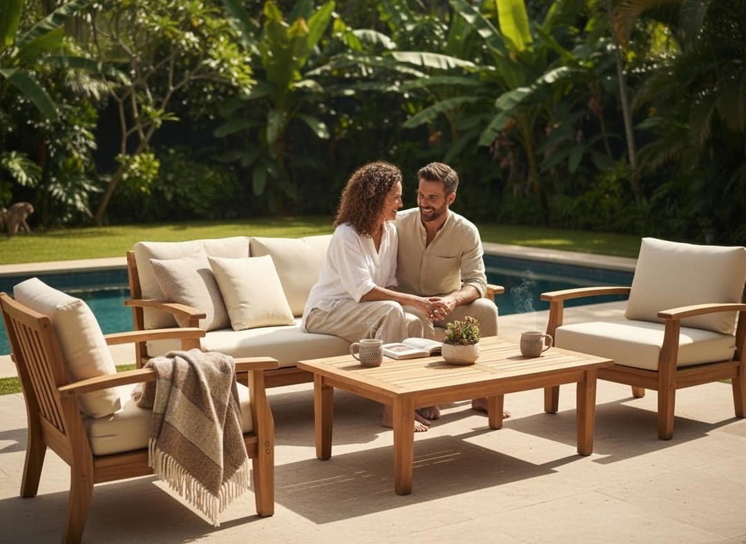 Teak lounge seating and coffee table beside a swimming pool