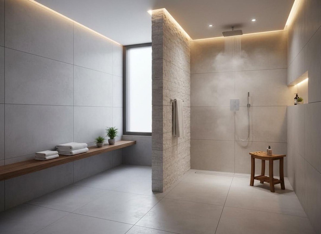 Contemporary bathroom with a small teak table and teak shelf