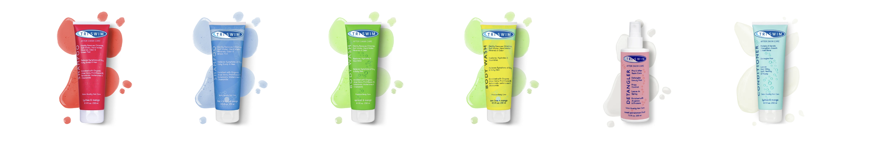 Lineup of six colourful TRISWIM hair and skin care products
